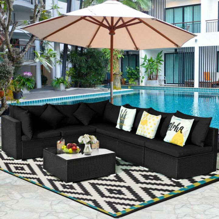 7-Piece Outdoor Sectional Wicker Patio Sofa Set with Tempered Glass Top