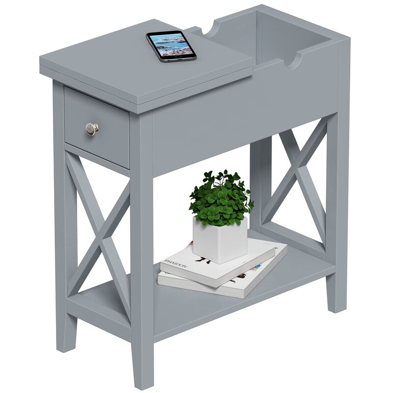 ChooChoo End Table, MDF Material Flip Top Narrow End Table with Drawer, Accent Small Side Table Nightstand for Living Room, Bedr