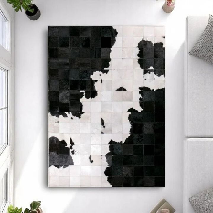 Black and White Large Area Rug Cowhide Area Rug, Genuine Calfskin Patchwork Carpet, Luxury Black Living Room Rug Custom Size Available