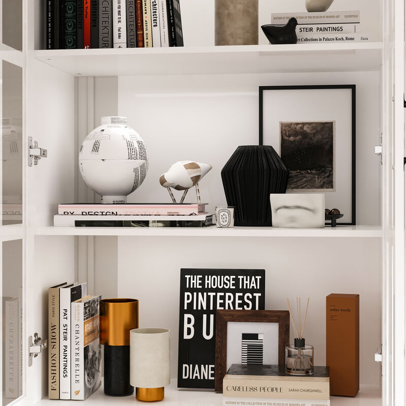 FUFU&GAGA White Bookcase Set – 2 x 4-Door Bookcases + 1 x 8-Door Bookcase with Glass Doors and Black Handles – Modern Storage and Organizing Solution, (78.7 in. H x 126 in. W x 15.7 in. D), White