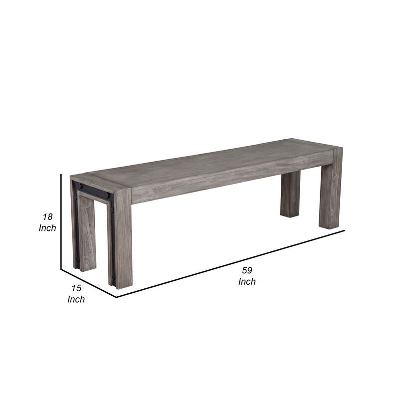 Ebb 59 Inch Rectangular Dining Bench, Faux Metal Inset, Handcrafted, Gray -Benzara