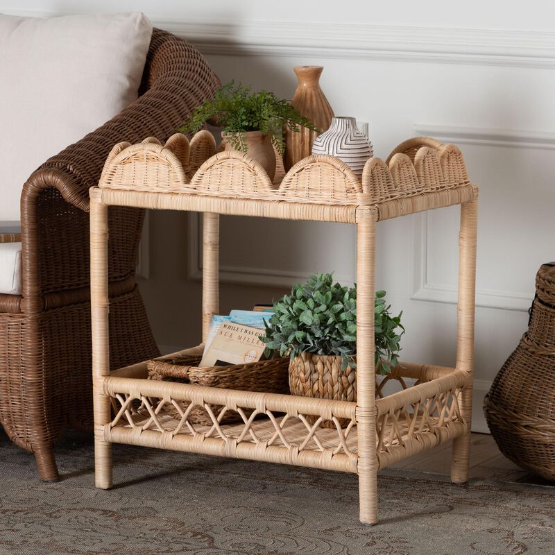 bali & pari Eloisa Natural Rattan End Table - Handwoven Wicker 2-Tier Side Table with Scalloped Border for Living Room or Bedroom