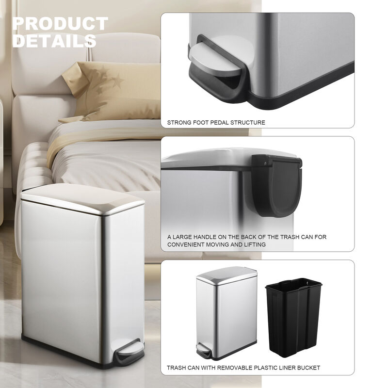 2.6 Gal./10 Liter Slim Stainless Steel Step-on Trash Can for Bathroom and Office image number 5
