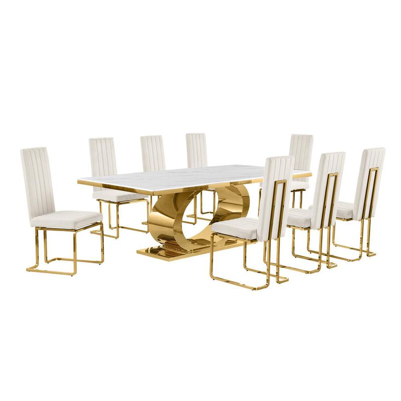 Best Quality Furniture 9pc Large(87) marble top dining set with gold base and 8 Cream side chairs