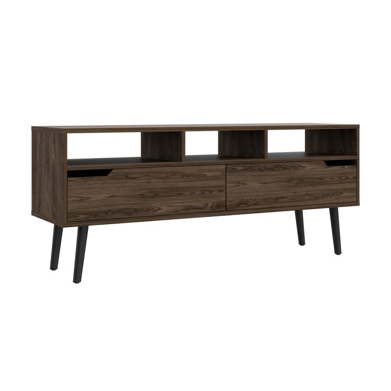 Oslo Tv Stand for TV�s up 51", Two  Drawers, Four Legs, Three Open Shelves -Dark Walnut