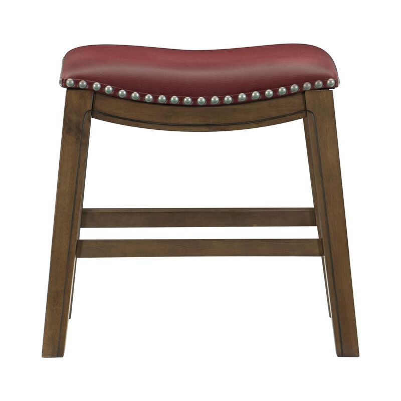 Miel 20 Inch Dining Stool, Red Faux Leather, Brown Solid Wood, Nailheads