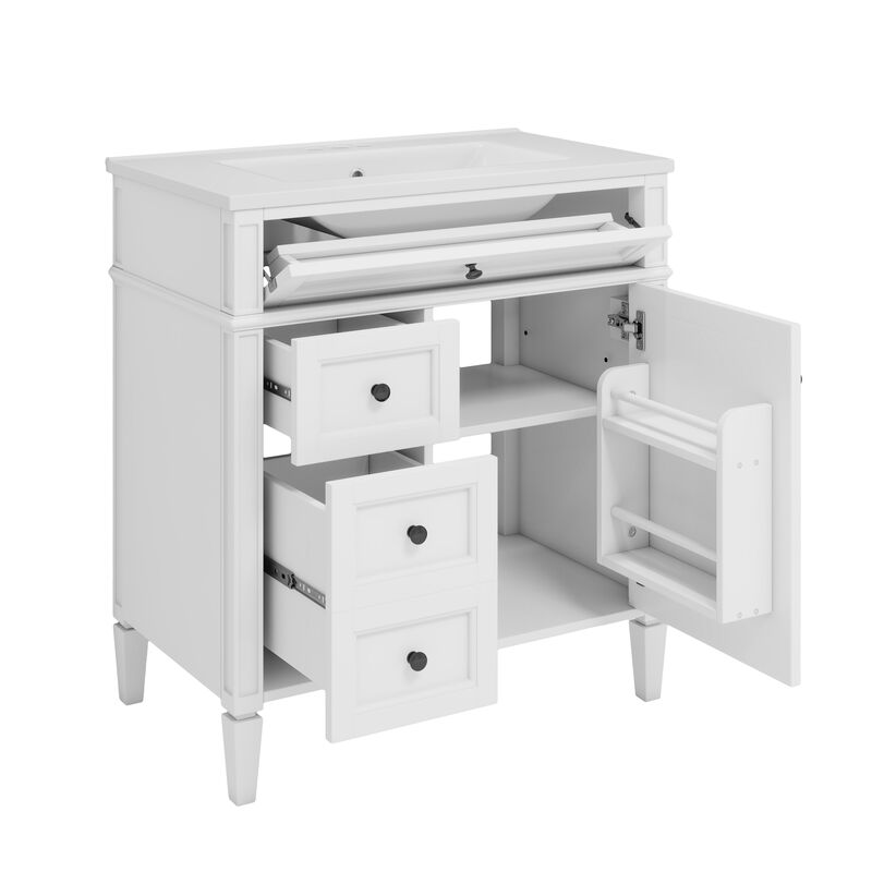 30-Inch Modern Bathroom Vanity with Tip-Out Drawer and Single Sink,white