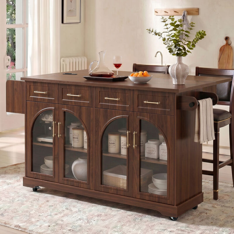 Merax Rolling Kitchen Island with Arched Tempered Glass Display Cabinets, Adjustable Shelves image number 3