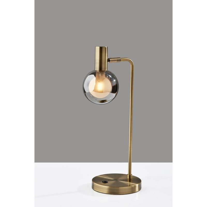 Hivvago 18" Antiqued Brass Metal Cylinder Desk Table Lamp With Gray Globe Shade With Starling LED Bulb