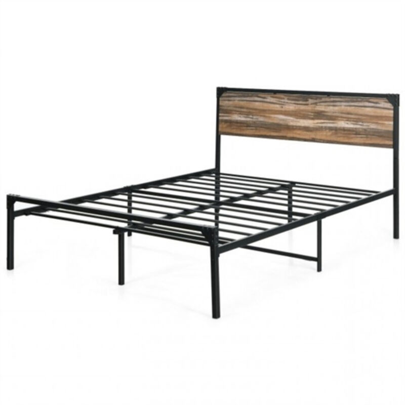 Rustic Metal and Wood Platform Bed Frame for Farmhouse Bedrooms