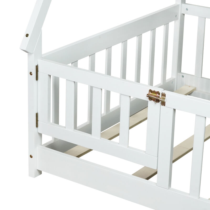 Whisen Wooden Teepee Tent Bed with Guardrails and Slats, Twin Floor Bed with Door for Kids image number 6