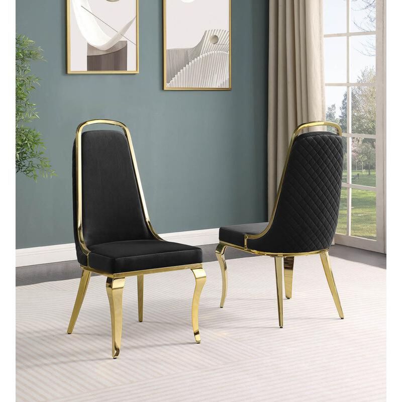 Best Quality Furniture Black Velvet High Back Chair With Gold Chrome Trim, Set Of 2