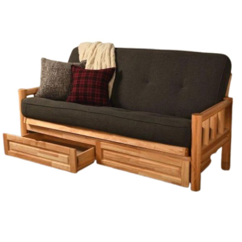 Lodge Frame-Natural Finish-Linen Charcoal Mattress-Storage Drawers