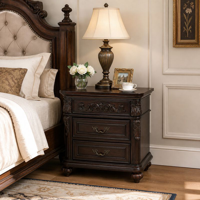 28" Assembled 3-Drawer Nightstand Solid Wood Frame Carved image number 1
