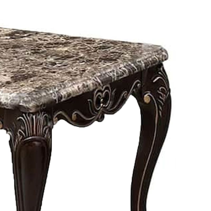 Ery End Table, Dark Walnut Brown Wood, Carved Details, 28 Inch