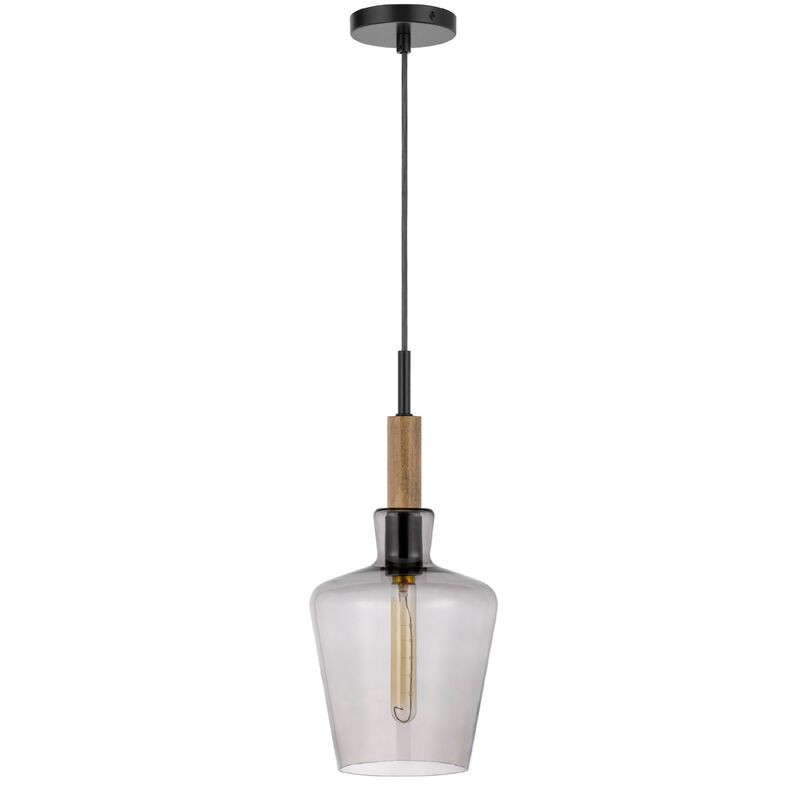 Pendant Light, Round Smoked Glass Shade, Brown Wood Accent, Black Metal image number 0