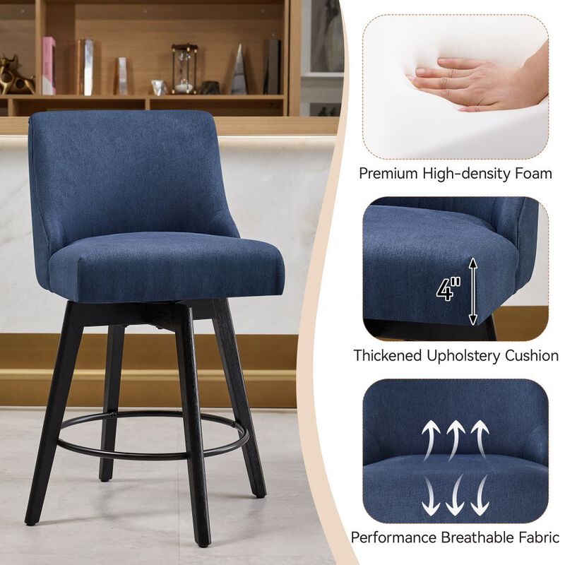 Counter Height Bar Stools, 26" Swivel Barstools with Backs, Linen Bar Chairs for Dining Room, Blue image number 4