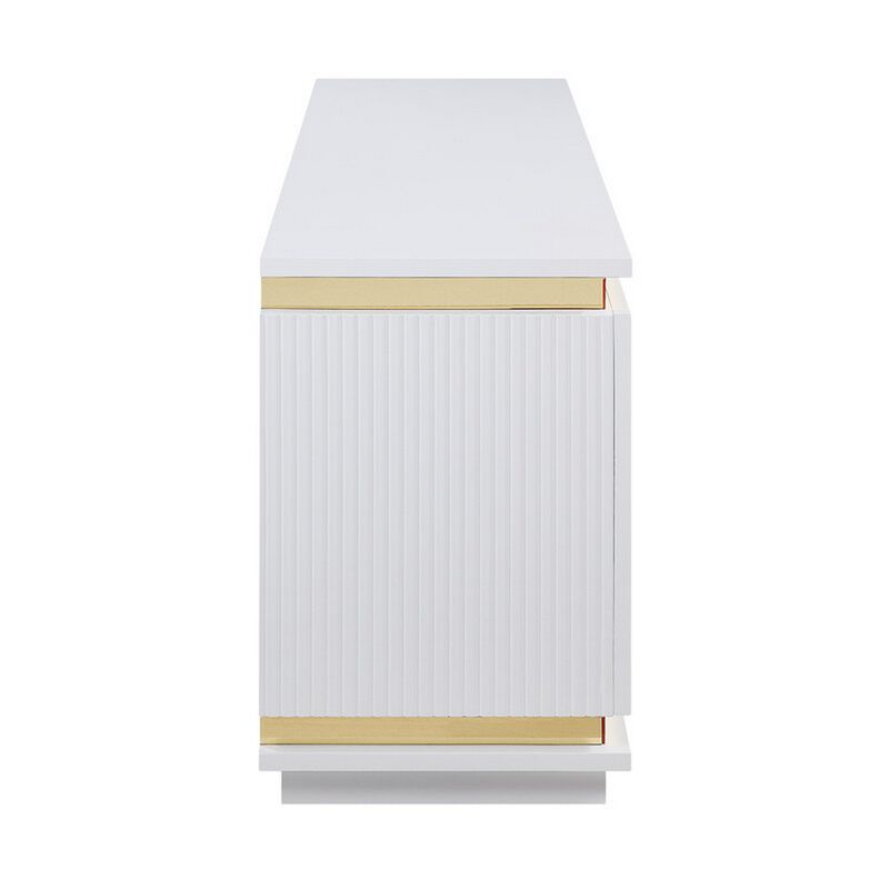 Stan 71 Inch TV Console with Fireplace, Speaker, LED, Cabinets, White Wood - Benzara