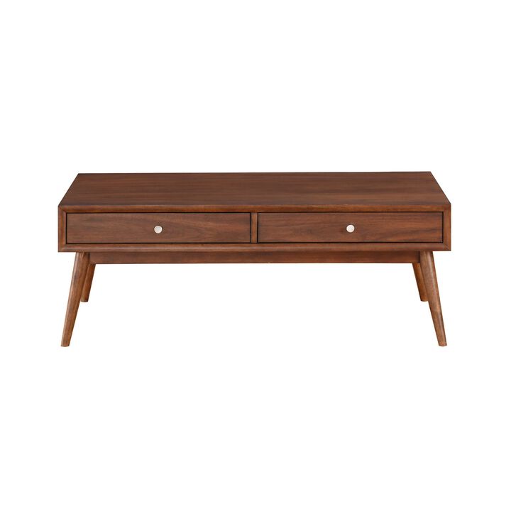 2 Drawer Wooden Coffee Table with Splayed Legs, Walnut Brown-Benzara