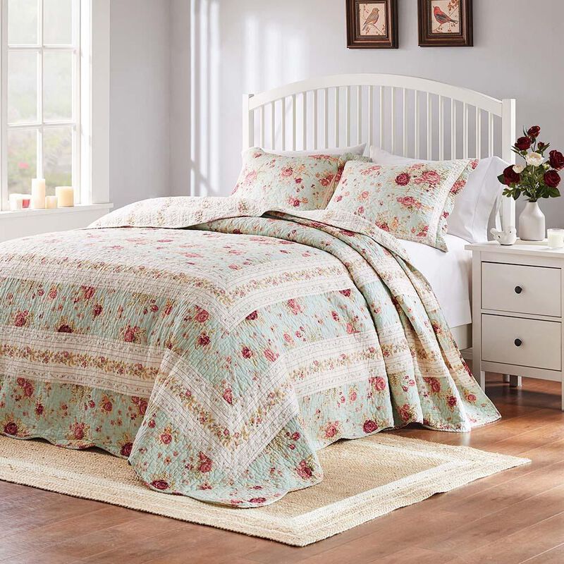 Greenland Home Antique Rose Bright Florals and Whimsical Songbirds Bedspread Set 3-Piece