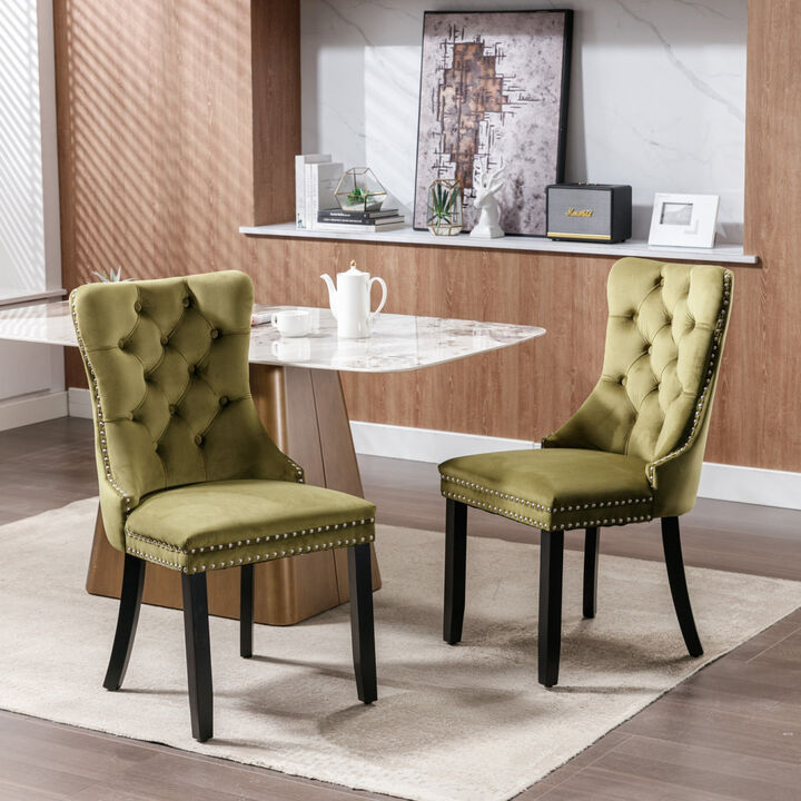 Modern, High-end Tufted Solid Wood Contemporary Velvet Upholstered Dining Chair with Wood Legs Nailhead Trim 2-Pcs Set, Olive-Green