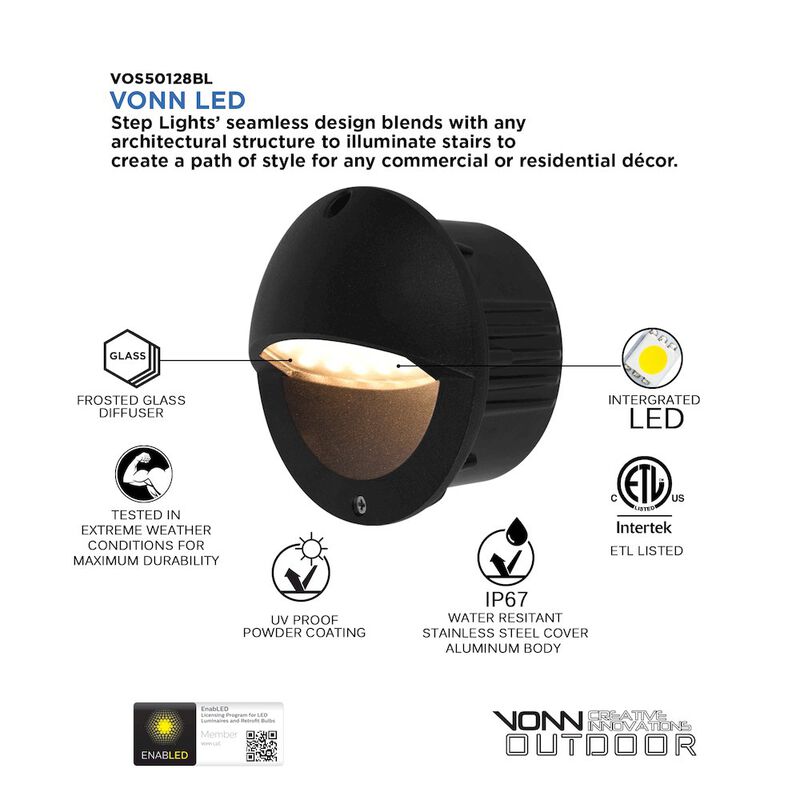 VONN Lighting Low-Voltage 3-Watt Integrated LED Outdoor Steps Light in Matte Black