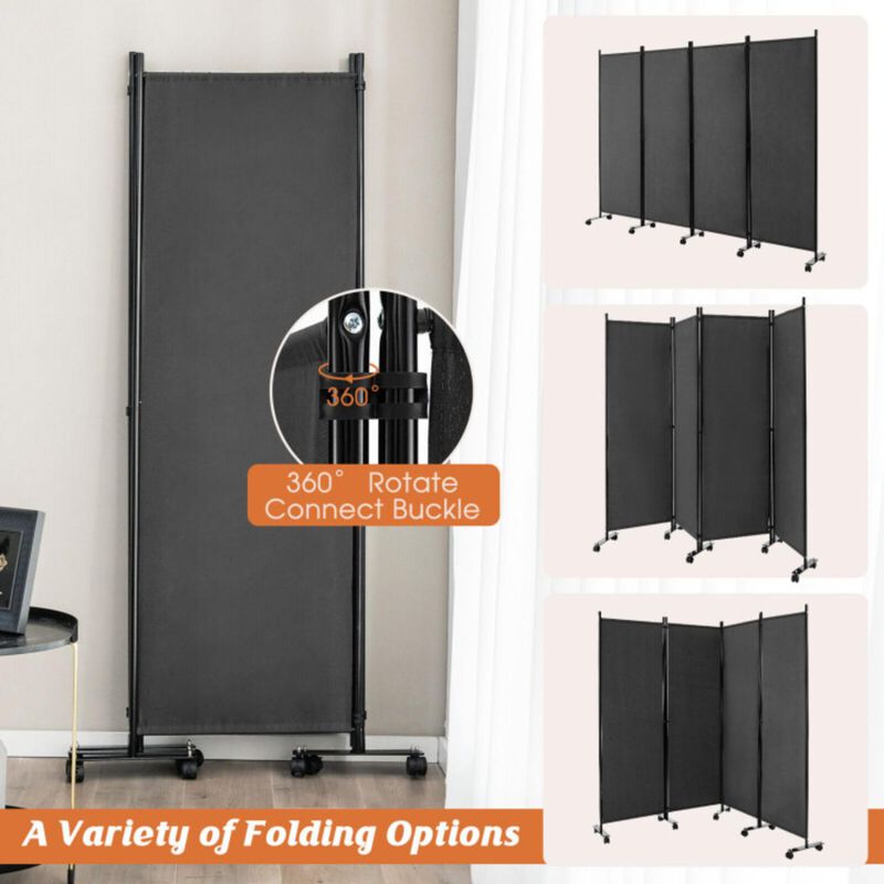 Hivvago 4-Panel Folding Room Divider 6 Feet Rolling Privacy Screen with Lockable Wheels