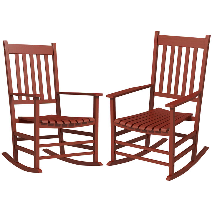 Outsunny Wooden Rocking Chair Set of 2, Outdoor Rocker Chairs with Curved Armrests, High Back & Slatted Seat for Garden, Balcony, Porch, Supports Up to 352 lbs., Wine Red