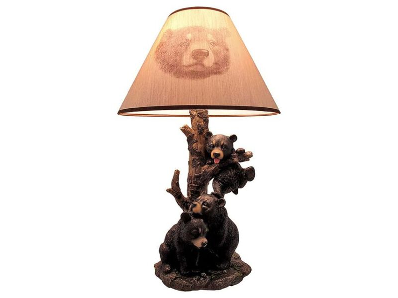 Table Lamp &ndash; Rustic Black Bear Family Lodge Light, 20" Resin with Print Shade image number 0