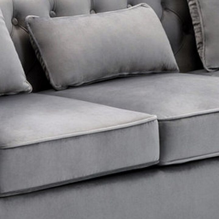 Joni 86 Inch Sofa, Chesterfield Design, Deep Button Tufting, Gray Velvet-Benzara