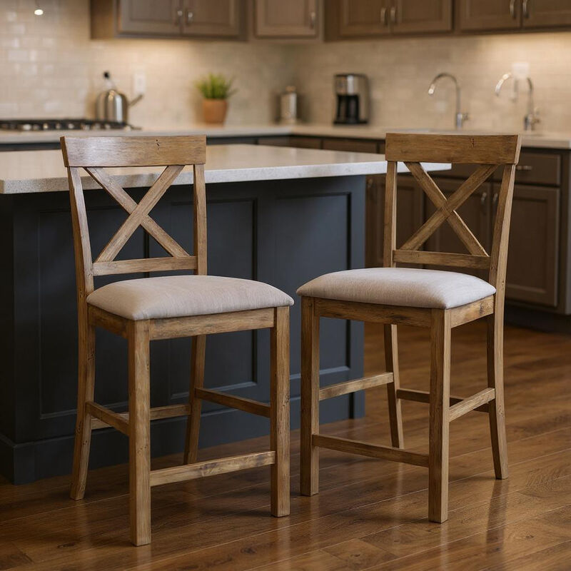 HomeRoots Set of Two 26" Tan and Oak Linen and Solid Wood Counter Height Bar Chairs image number 1