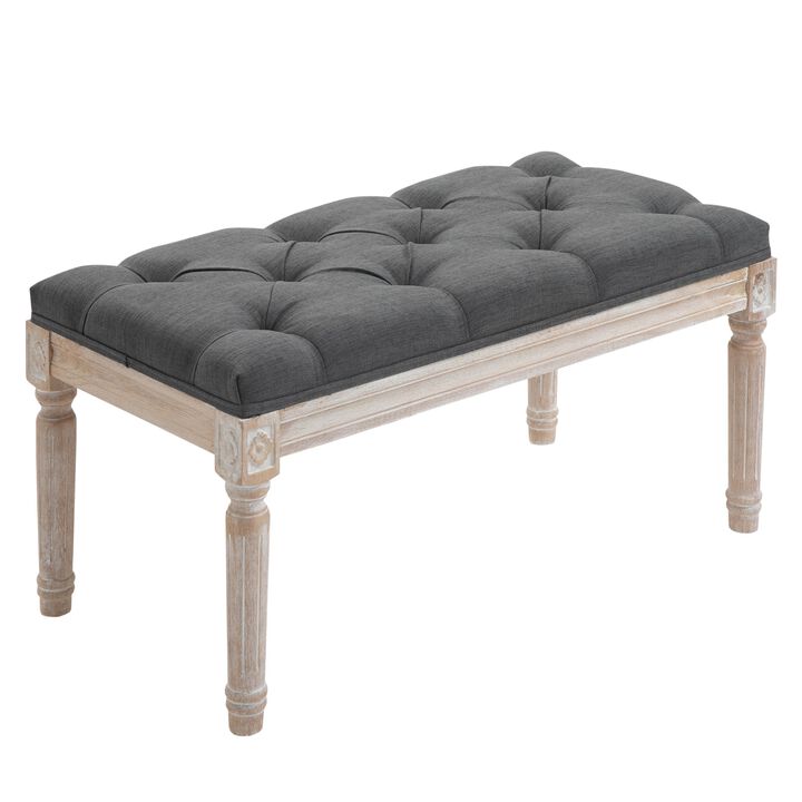 15.75" Vintage Ottoman, Tufted Footstool with Upholstered Seat, Distressed Wood Legs for Bedroom, Living Room, Grey