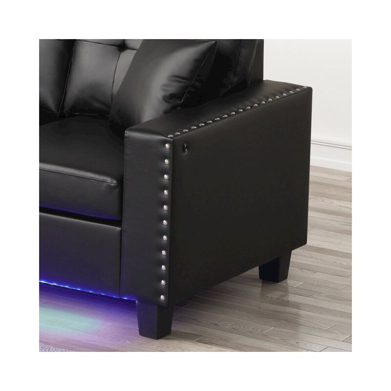 Lilola Home Sorenza 74W Black PVC Reversible Sectional Sofa Chaise with LED Light