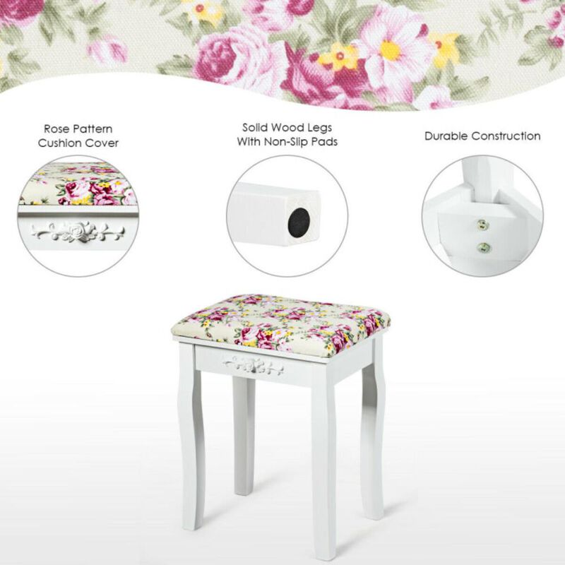 Hivvago Vanity Wood Dressing Stool Padded Piano Seat with Rose Cushion