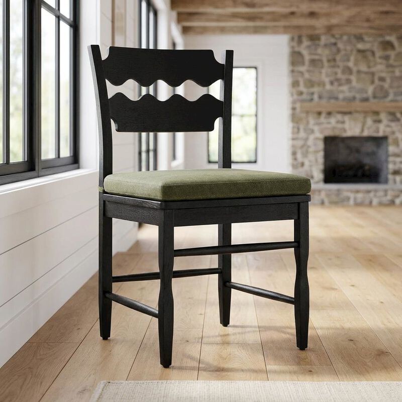 Oak Wood Dining Chair with Wavy Razor Back and Seat Cushion, Black Sage image number 3