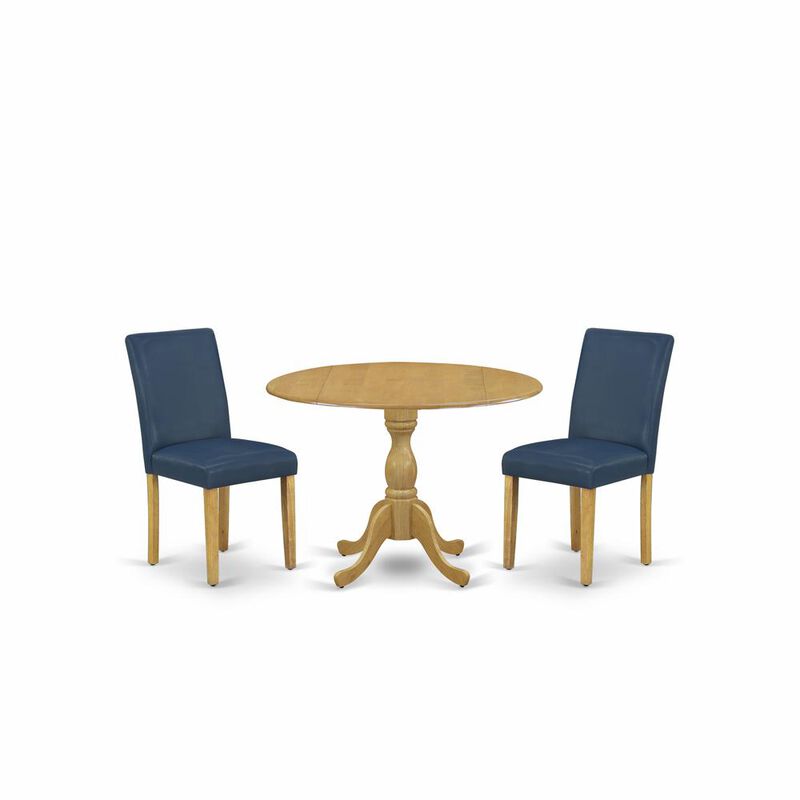 East West Furniture DMAB3-OAK-55 3 Piece Kitchen Table Set - Oak Dining Table and 2 Oasis Blue PU Leather Dining Room Chairs with High Back - Oak Finish