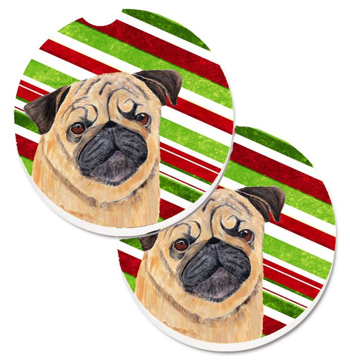Caroline's Treasures Pug Candy Cane Holiday Christmas Set of 2 Cup Holder Car Coasters SC9331CARC, 2.56, Multicolor