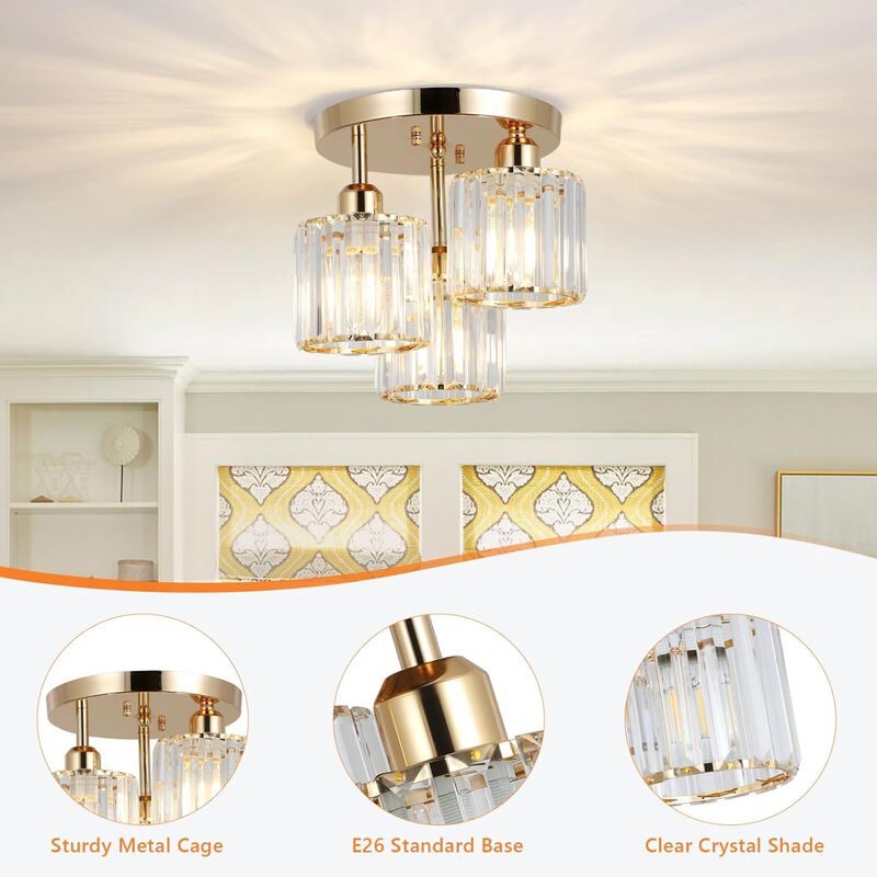 ELEMENT ACE Semi Flush Mount 3-Light Ceiling Light Fixture, Crystal Close to Ceiling Lighting with Open Design, Ideal for Low Ceilings, Kitchens, Hallways, Bedrooms, Bathrooms and Living Rooms image number 4