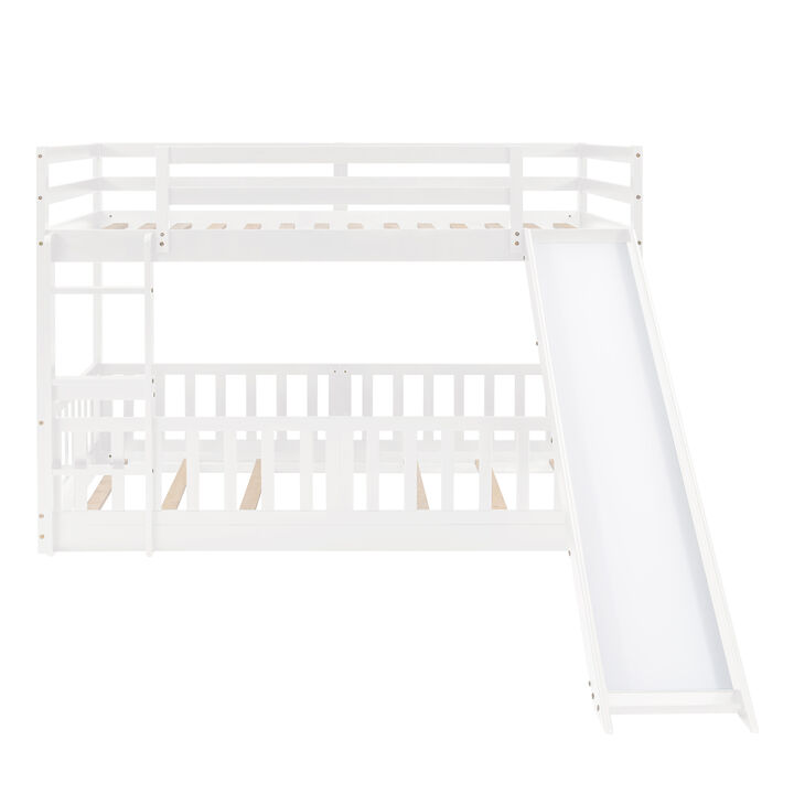 Whisen 77.3"x87.1" Twin Over Twin Bunk Bed, Solid Wood with Slide Ladder for Kids Bedroom