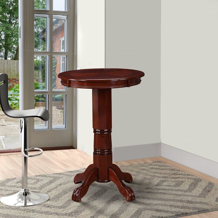 Ava 42 Inch Wood Pub Bar Table, Sunburst Design, Carved Pedestal, Dark Brown