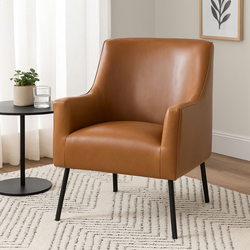 Sune Accent Chair, Brown Faux Leather and Matte Black Metal Legs