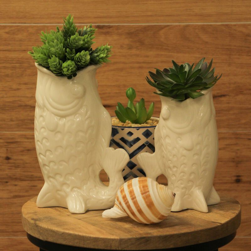 White Fish Decorative Vases Set Of 2 Ceramic Coastal Tabletop 85in And 7in image number 4