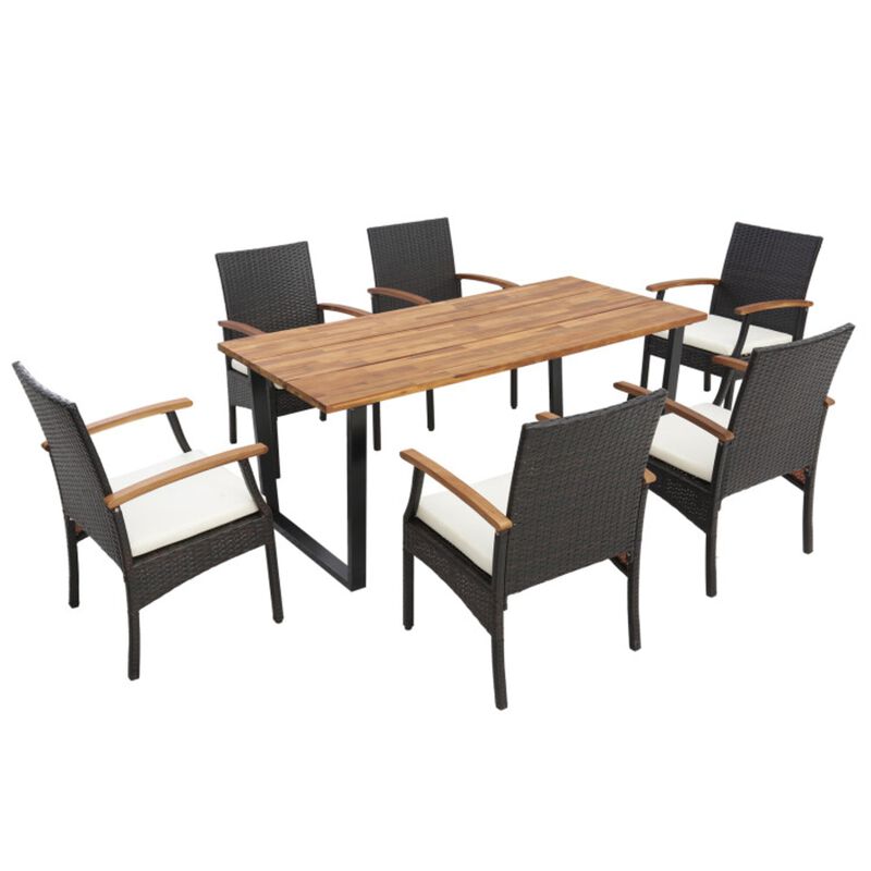 Mondawe 7-Piece Outdoor Rattan Patio Dining Set,Cushion& Acacia Wood Table With Umbrella Hole