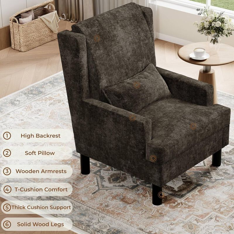 2 Pcs Upholstered Wingback Accent Chair, Modern Reading Armchair for Living Room, Bedroom,Dark Brown image number 2