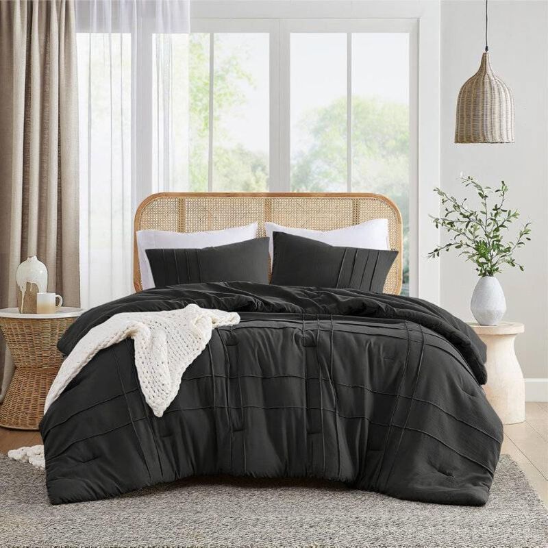 Hivvago Full/Queen size Pre-Washed Pleated Microfiber Comforter Set in Black image number 5