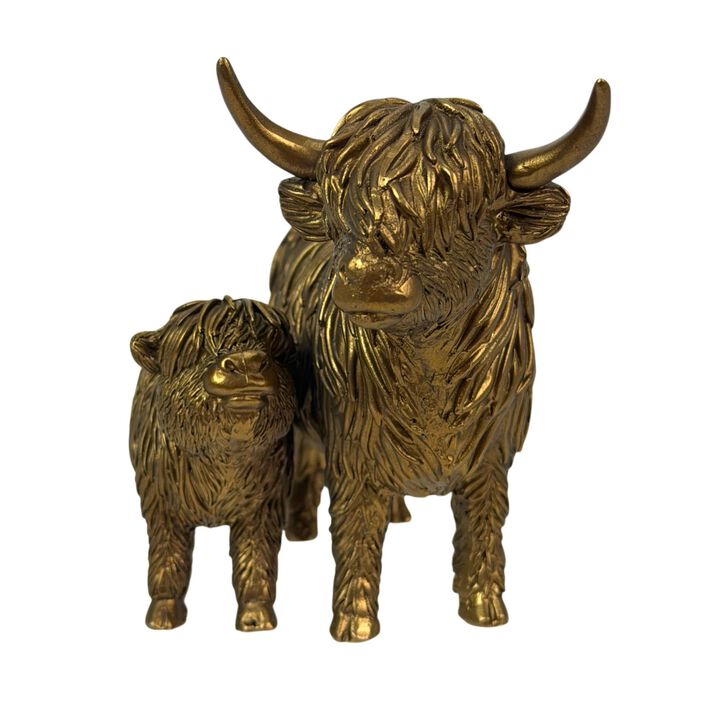Highland Cow And Calf Statue Antique Bronze Resin Figurine 725 In