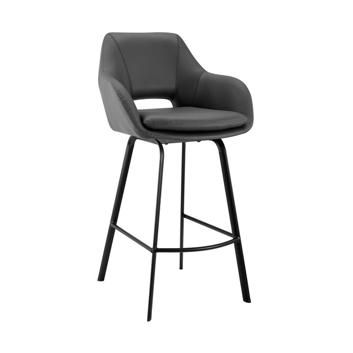 26 Inch Leatherette and Metal Swivel Counter Stool, Black and Gray - Benzara