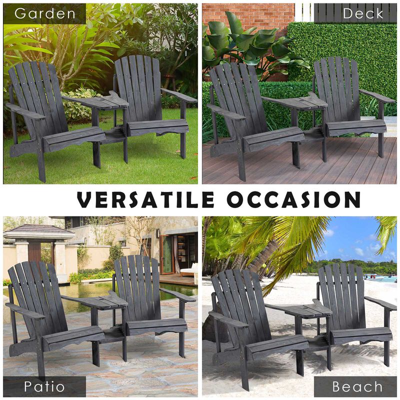 Outsunny Wooden Adirondack Chairs for Two People, Outdoor Fire Pit Chair with Table & Umbrella Hole, Patio Chair for Deck Lawn Pool Backyard, Gray