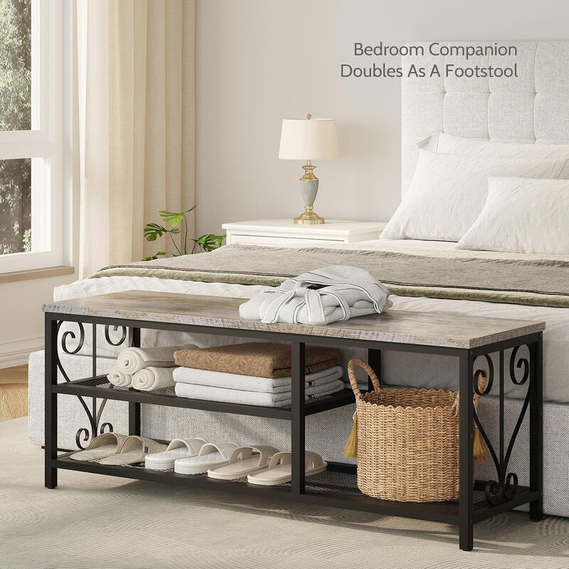 Shoe Bench with Shoe Rack, 47.2" L Entryway Bench with Seating, 2-Tier Shoe Organizer with Rustic Wood Top & Metal Frame for Entryway image number 4