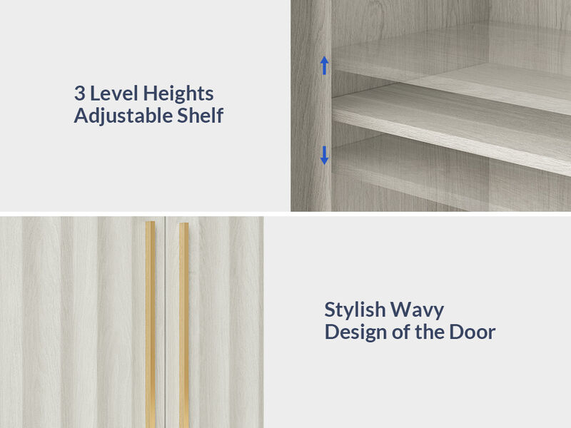 BELLEZE Sideboard Buffet Cabinet, 64.5" Modern Console Table with 3 Drawers and 2 Fluted Doors, Entryway Accent Storage Cabinet, Adjustable Shelves, Dining Room Living Room, White Sand